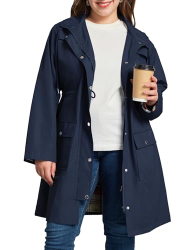 Plus Size Rain Jackets for Women Raincoats Waterproof Windbreaker Jacket Hooded Outdoors Trench Coat with Pockets
