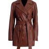 Double Breasted Leather Coat For Women Genuine Leather Trench Coat Long Waist Belt Black and Brown
