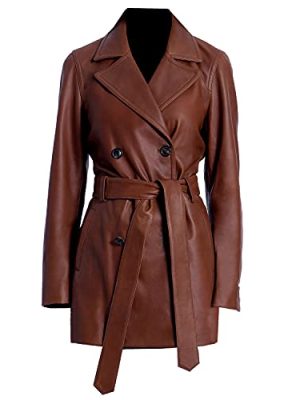 Double Breasted Leather Coat For Women Genuine Leather Trench Coat Long Waist Belt Black and Brown