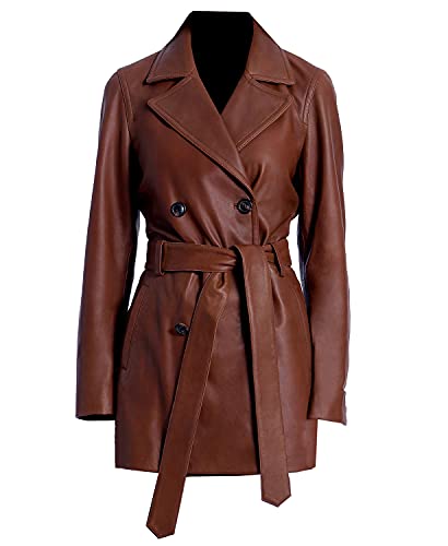 Double Breasted Leather Coat For Women Genuine Leather Trench Coat Long Waist Belt Black and Brown