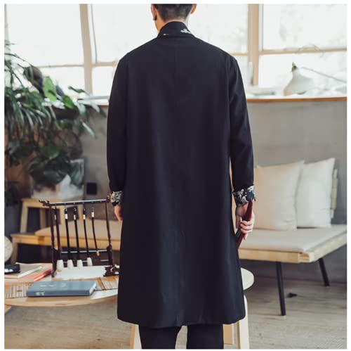 Mens Long Kimono Cardigan Open Front Print Cotton Linen Trench Coat