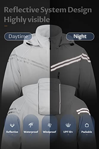 Men's Packable Waterproof Running Rain Coats Reflective Cycling Jacket Windbreaker With Removable Hood