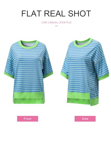 Womens Tops Casual Short Sleeve Sweatshirt Crewneck Striped Shirt Pullover T Shirts Loose Blouses