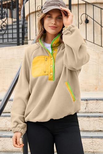 Sweatshirt for Women Oversized Fuzzy Fleece Jacket Color Block Button Long Sleeve Pullover Sherpa Sweatshirts Tops