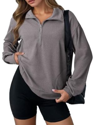Womens Sweatshirt Waffle Knit Long Sleeve Lapel Half Zip Up Casual Lightweight Soft Sweatshirts Loose Pullover Tops