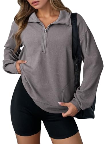 Womens Sweatshirt Waffle Knit Long Sleeve Lapel Half Zip Up Casual Lightweight Soft Sweatshirts Loose Pullover Tops