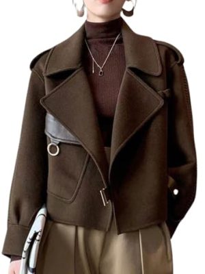 Women Cropped Wool Coats Warm Pea Coat Notched Lapel Open Front Trench Overcoat Jackets with Pockets