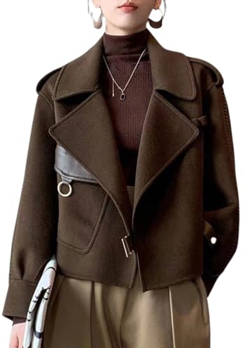 Women Cropped Wool Coats Warm Pea Coat Notched Lapel Open Front Trench Overcoat Jackets with Pockets