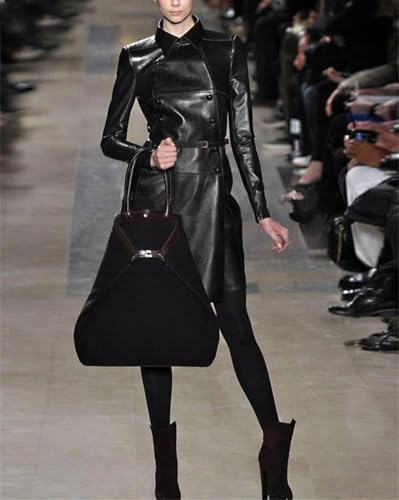 Women's Solid Color Long Sleeve Tie Double-Breasted Long Leather Trench Coat