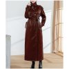 Women's Extra Long Black Reflective Patent Faux Leather Trench Coat Belted European Fashion Windproof Overcoat
