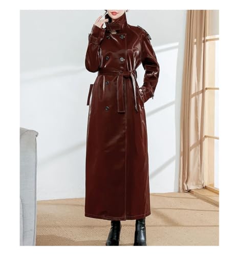 Women's Extra Long Black Reflective Patent Faux Leather Trench Coat Belted European Fashion Windproof Overcoat