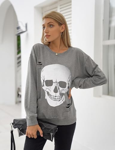 Women's Halloween Sweatshirts Skull Graphic T Shirts Long Sleeve Pullover Tops Gothic Fall Clothes 2025