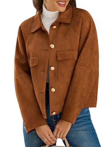Womens Faux Suede Leather Jackets Cropped Casual Lapel Collar Button Down Oversized Fall Vintage Shackets