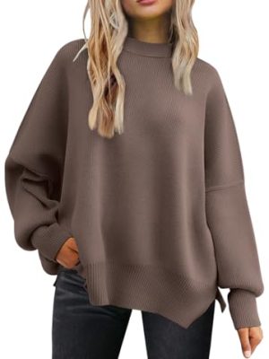 Women's Oversized Batwing Sweaters 2025 Fall Outfits Trendy Crewneck Knit Side Slit Fashion Pullover Tops