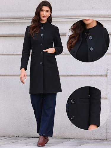 Winter Coat for Women Stand Collar Single Breasted Pea Coat Mid-Long Outwear with Pocket