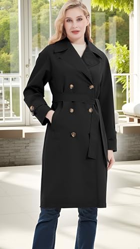 Women Trench Coats Loose Fit, Double Breasted Spring Fall Water Resistant Thin Long Jacket Belted Overcoat