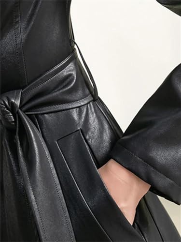 Women's Belted Long-Sleeved Single-Breasted Spring Soft Waterproof Leather Trench Coat