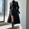 womens trench coat Lapel Neck Belted PU Leather Trench Coat