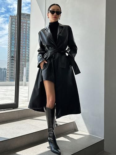 womens trench coat Lapel Neck Belted PU Leather Trench Coat