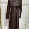 Women's Belted Double-Breasted Long Burgundy Soft Faux Leather Trench Coat