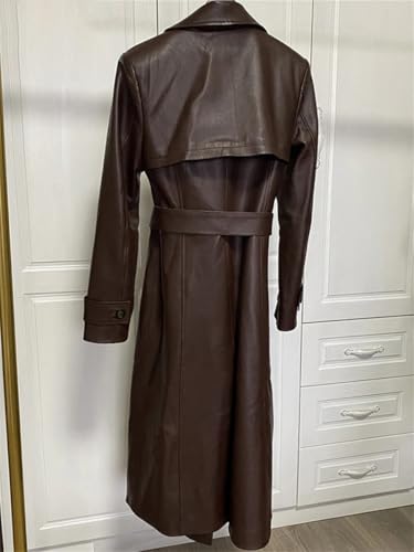 Women's Belted Double-Breasted Long Burgundy Soft Faux Leather Trench Coat