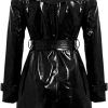 Women's Double-Breasted PVC Patent Leather Trench Coat - Wet Look Outdoor Fashion Trench Coats for Women