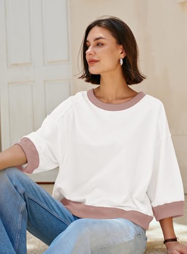 Womens 3/4 Length Sleeve Tops Oversized Fall Sweatshirts Crewneck Striped Shirt Casual Pullover Sweatshirts