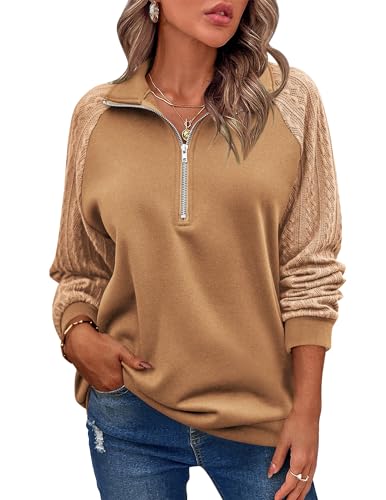 Women's Sweatshrits Quarter Zip Pullover Fleece Sweatshirt Casual Cable Knit Sleeve Hoodies Fashion Outfits Clothes