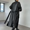womens trench coat Lapel Neck Belted PU Leather Trench Coat