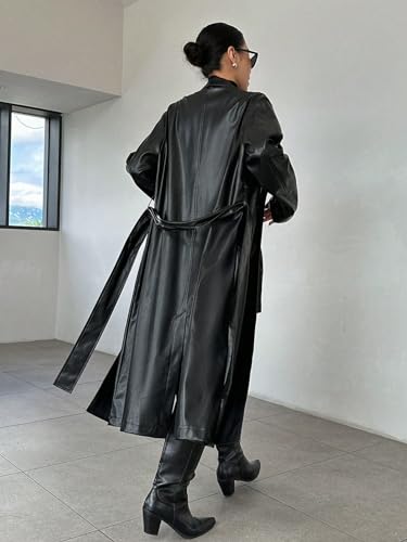 womens trench coat Lapel Neck Belted PU Leather Trench Coat