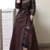 Women's Belted Double-Breasted Long Burgundy Soft Faux Leather Trench Coat