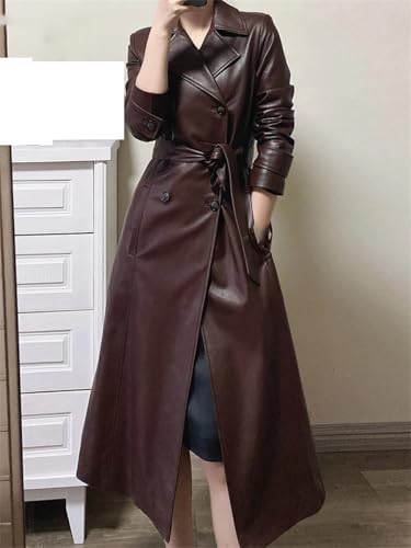 Women's Belted Double-Breasted Long Burgundy Soft Faux Leather Trench Coat