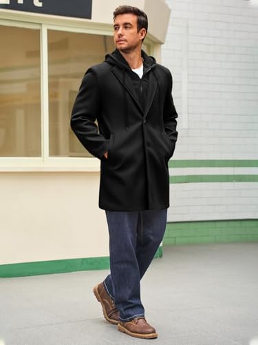 Mens Trench Coat Single Breasted Mid-Long Pea Coat Classic Winter Business Jacket with Detachable Hood