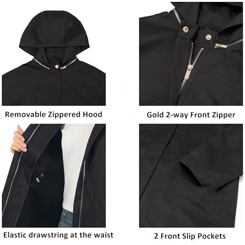 Lorie Womens Rain Jacket Removable Hood Long Rain Coat Trench Coat Windbreaker