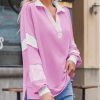 Womens Color Block Oversized Sweatshirt Polo V Neck Long Sleeve Shirts Casual Loose Pullover Tops