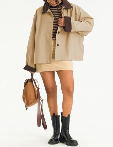 Womens Contrast Collar Jacket Casual Button Down Long Sleeves Crop Trench Coat Outerwear with Pockets