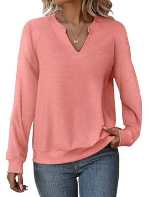 Women Casual Long Sleeve V Neck Sweatshirts Cute Loose Fit Lightweight Pullover Tops
