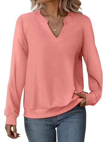 Women Casual Long Sleeve V Neck Sweatshirts Cute Loose Fit Lightweight Pullover Tops