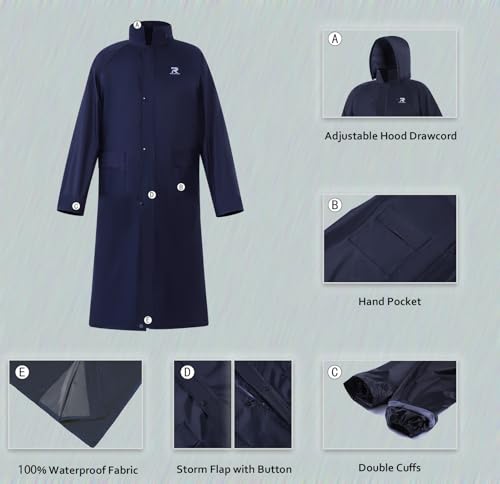 Raincoat for Men Waterproof Long Rain Jacket with Stowable Hood Lightweight Rain Gear Poncho for Unisex