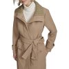 Women's Stand Belted Wool Trench Coat with Soft Ribbed-Knit Collar Detail