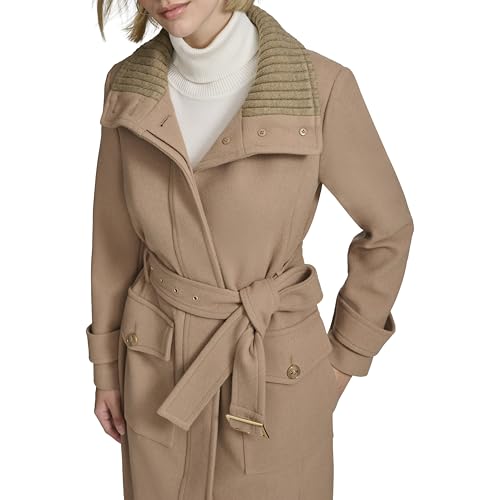 Women's Stand Belted Wool Trench Coat with Soft Ribbed-Knit Collar Detail