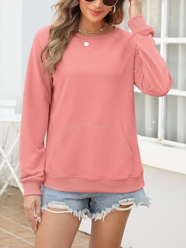 Womens Casual Crew Neck Sweatshirt with Pockets Loose Fit Soft Long Sleeve Lightweight Pullover Tops Fall Clothes
