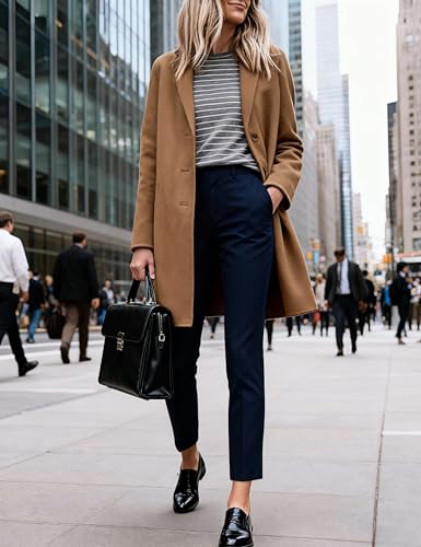Women's Wool Coat Mid-Length Notch Lapel Single Breasted Trench Pea Coats Casual Outerwear