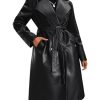 Leather Jacket Women Trench Coat Long Loose Button Lined Jacket Open Front Faux Motorcycle Coat with Belt