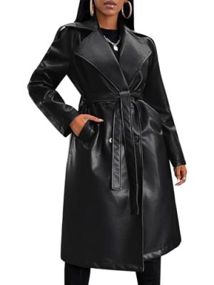 Leather Jacket Women Trench Coat Long Loose Button Lined Jacket Open Front Faux Motorcycle Coat with Belt