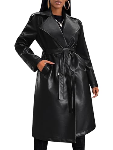 Leather Jacket Women Trench Coat Long Loose Button Lined Jacket Open Front Faux Motorcycle Coat with Belt
