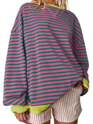 Women Oversized Striped Crewneck Sweatshirt Long Sleeve Color Block Pullover Tops Casual Loose Workout Shirt