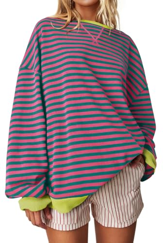 Women Oversized Striped Crewneck Sweatshirt Long Sleeve Color Block Pullover Tops Casual Loose Workout Shirt