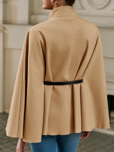 Womens Batwing Sleeve Poncho Pea Coats Oversized Belted Trendy Casual Stand Collar Cloak Cape Coats