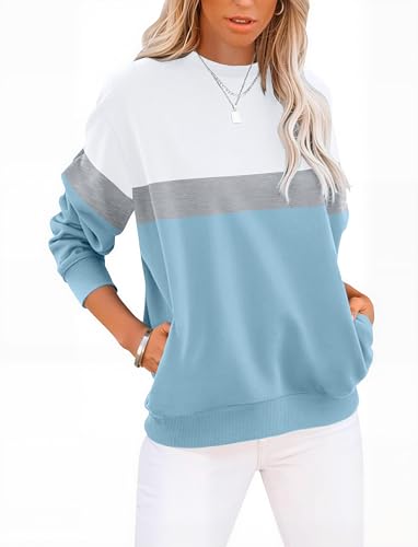 Womens Sweatshirts Cotton Crewneck Tops Long Sleeve Cute Lightweight Fall Winter Loose Casual Pullover with Pockets